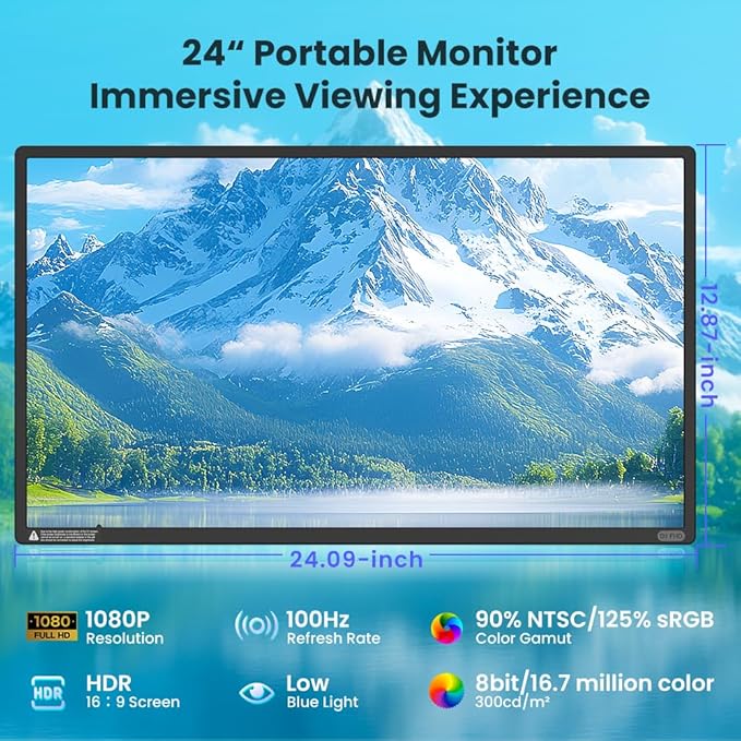 Hyangin 24-inch Large Portable Monitor for Laptop 2026 Upgraded 1080P FHD 100Hz Portable Screen125% sRGB IPS Portable Second Monitor with Adjustable Stand for Laptop MacBook Phones