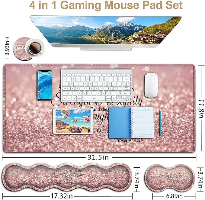 Keyboard Mouse Pad SetExtended Gaming Mouse Pad + Memory Foam Keyboard Wrist Rest Support Proverbs 31:25 Bible Pink Office Desk Mat Writing Pad Easy Typing Pain ReliefXXL Large Mousepad Desk Mat