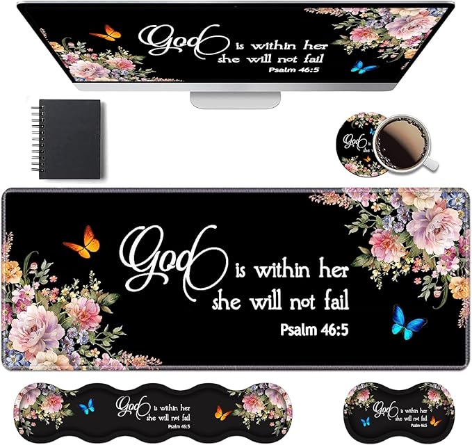 Ergonomic Keyboard Wrist Rest &amp Mouse Pad Wrist Rest Set Large XXL Gaming Desk Mat 31.5x 11.8 with Memory Foam Easy Typing Pain Relief for Office &amp Home Floral Quote Bible Verse Psalm 46: