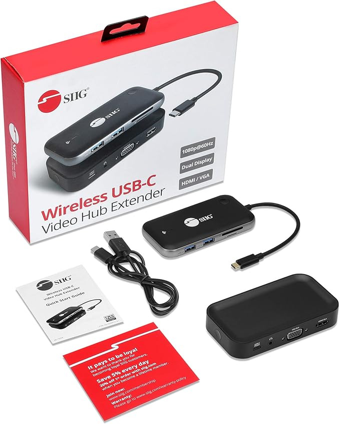SIIG Wireless Video Extender with USB-C Hub 2X USB 3.0 5Gbps SD &amp TF Card Reader Extend 1080p Video to VGA &amp HDMI Display via Wireless simultaneously USB-C DP Alt Mode Required (CE-H26P11