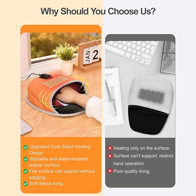 USB Heated Mouse Pad Hand Warmer3 Temperatures&ampTimer Settings Leather Hand Warmer Mouse Pad with Ergonomic Wrist Support DesignWorks with All PC MiceChristmas Gift for Office Work Home Game(Ora