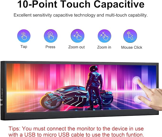 12.6 Inch Mini Touch Screen Monitor Secondary Screen FHD IPS Stretched Bar LCD Display 1920X515 HDMI for PC Laptop Computer Health Speed Windows Sub CPU GPU Temperature Display R126F01T-HB