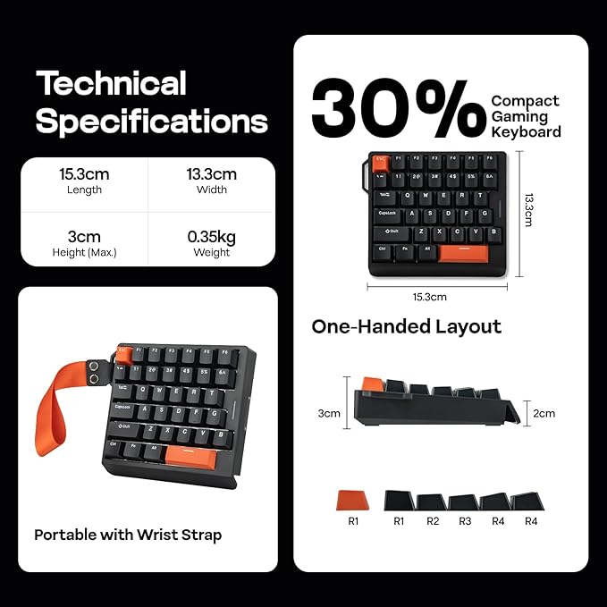 EPOMAKER HE30 One-Handed Hall Effect Keyboard 8K Polling &amp 0.125ms SOCD &amp Snap Key Adjustable Trigger PBT Keycap RGB Custom Software Wired Gaming Keyboard for PC/Gamer (Black Orange)