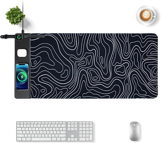 3 in 1 Wireless Charging Mouse Pad Gift for Dad/Office ManagerWireless Charger Compitable with iPhone/Watch/airpods. Wireless Charging Desk Mat 90 x 40cmBlack Topographic Computer Desk Pad