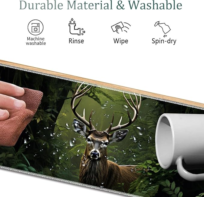 4 in 1 Mouse Pad Combo Large Gaming Mouse Pad + Keyboard Wrist Support + Mouse Wrist Rest + Coaster Table Pad 31.5 x 11.8 with Memory Foam Ergonomic Wrist Pad Set Camouflage Forest Deer