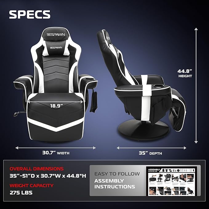 RESPAWN 900 Console Gaming Recliner with Footrest and Lumbar Support - Comfortable Ergonomic Gaming Chair with Headrest No Wheels Reclining Heavy Duty Racing Style Video Game Chairs - White
