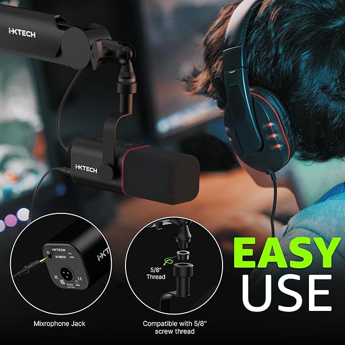 IXTECH Cardioid Dynamic Microphone with Mic Cover Vocal USB XLR Microphone for Podcasting Streaming Recording Gaming and Voice-Over (Black)