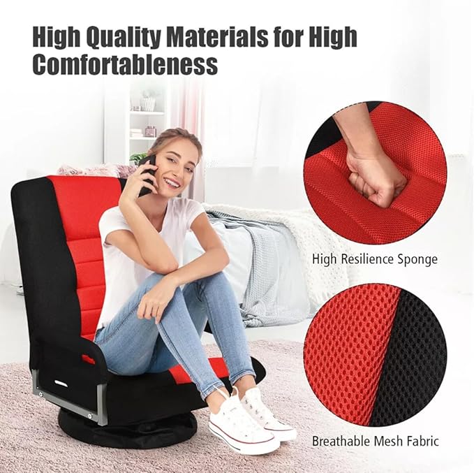 Foldable Floor Gaming Chair Video Gaming Rocker Chair for Adults 360° Swivel Comfort Armrest 7-Position Adjustable Back for TV Reading 330 lbs Support Steel Frame Comfortable Fabrics (Red)