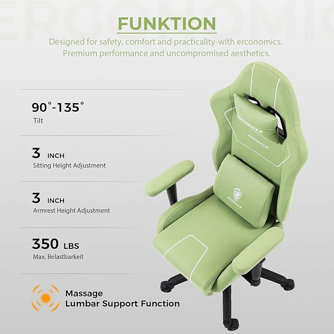 Dowinx Gaming Chair Tech Fabric with Pocket Spring Cushion Ergonomic Computer Chair with Massage Lumbar Support and Footrest Comfortable Reclining Game Office Chair 300lbs for Adult and Teen Green
