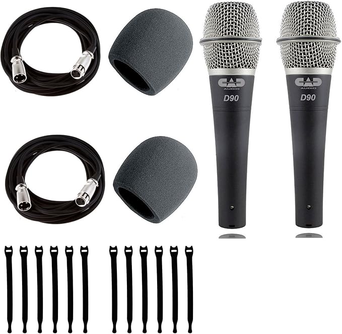 CAD Audio D90 Premium Supercardioid Dymanic Handheld Microphone x 2 with Foam Windscreen x 2 + Mic Cable 20 ft. XLR Bulk x 2 &amp Strapeez x 2