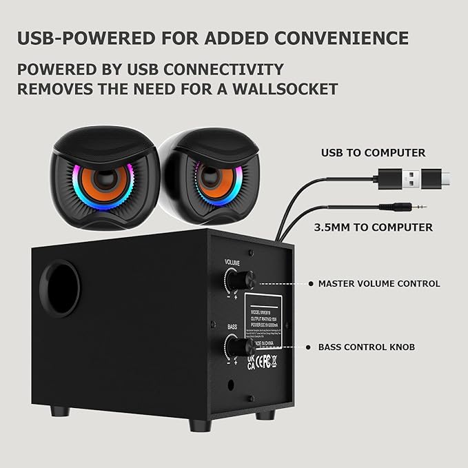 Computer Speakers Gaming Stereo System with RGB Subwoofer Wired USB Powered 3.5mm Auxiliary Speakers for PCs Laptops