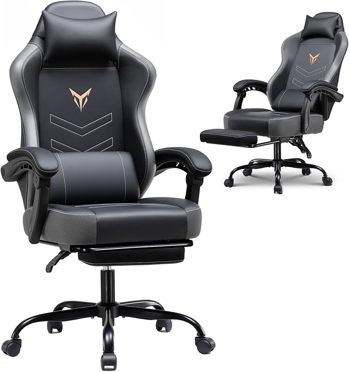 GTPLAYER Gaming Chair with Footrest Recliner Chair with Headrest &amp Lumbar Support Linkage ArmrestErgonomic Gaming Chair High Back Office Home Grey