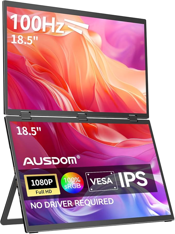 AUSDOM 18.5 Stacked Dual Portable Monitor for Laptop 100Hz 1080P Foldable Screen Extender 360° Folding Double External Display with Stand &amp VESA USB-C mini-HDMI Travel Monitor for Win/Mac B