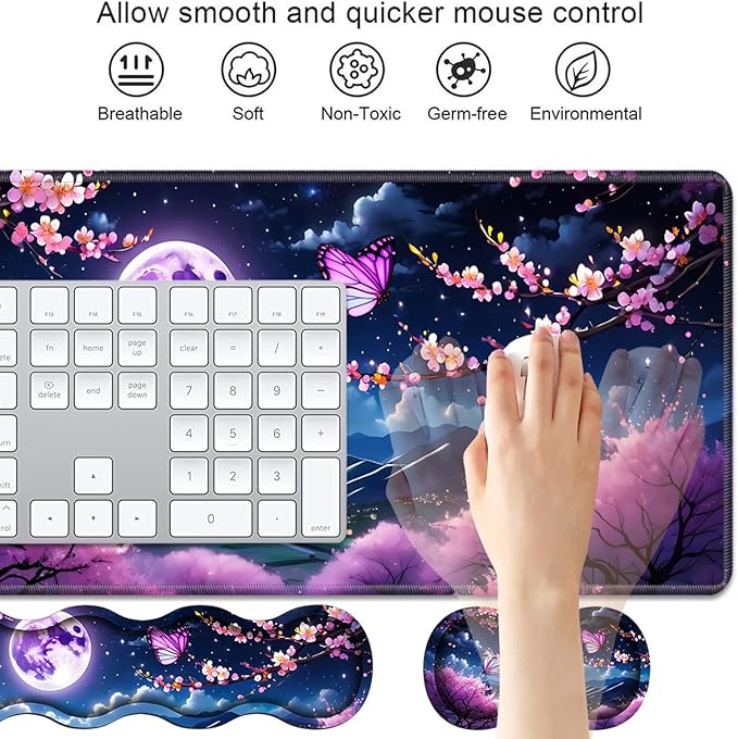 4 in 1 Ergonomic Keyboard Wrist Rest &amp Mouse Pad Wrist Rest Set Large XXL Gaming Desk Mat 31.5x 11.8 with Non-Slip Base Memory Foam for Home Office Study Gaming Moon Cherry Blossom Butterfly