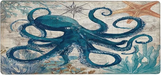 Large Octopus Ocean Vintage Mouse Mat Computer Mousepad with Non-Slip Rubber Base Waterproof Mouse Pad Desktop Keyboard Pad for GamerHome School Laptop Office Accessories16x35.5in