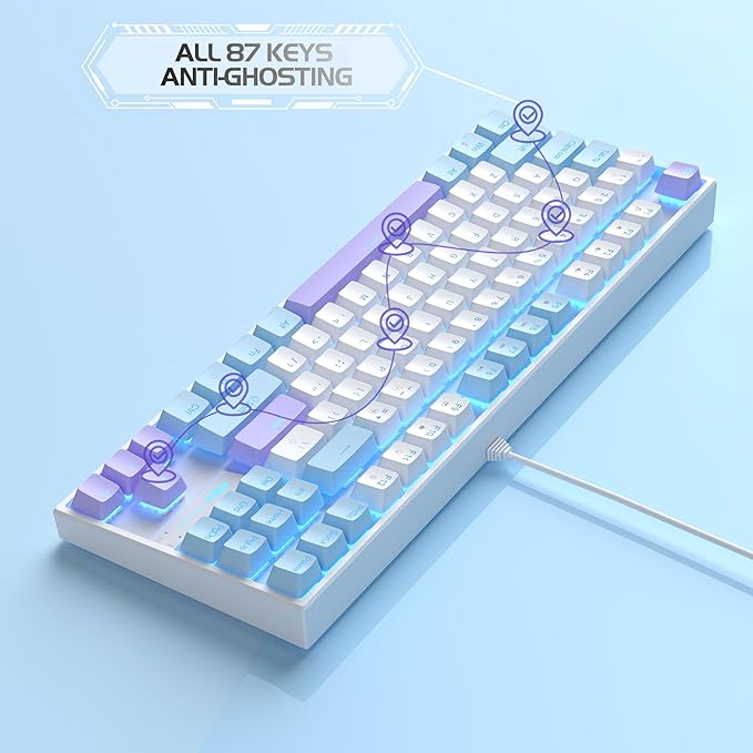 MageGee 75% Mechanical Gaming Keyboard Red Switch LED Blue Backlit 87 Keys Compact TKL Wired Keyboards for Windows Laptop PC Gamer - White/Blue