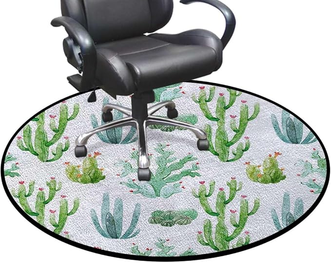 White Light Pink and Green Carpet Round Office Chair Mat for Hardwood Floor Multi-Purpose Soft Mats for Gaming Rolling Chair/Living Room/Study Plants Spikes Cartoon Art Diameter 47.2 in