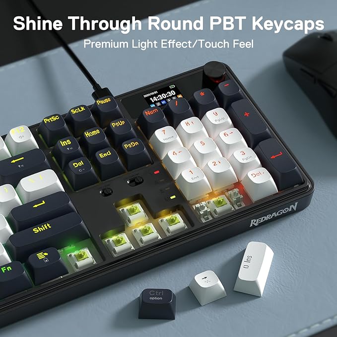 Redragon K761 Wireless Gasket Gaming Keyboard w/Hype Screen &amp Knob 104 Keys Mechanical Keyboard Easy-Control 1.26’ TFT Info Display 5-Layer Noise Dampening Custom Linear Switch Abyssal Blue
