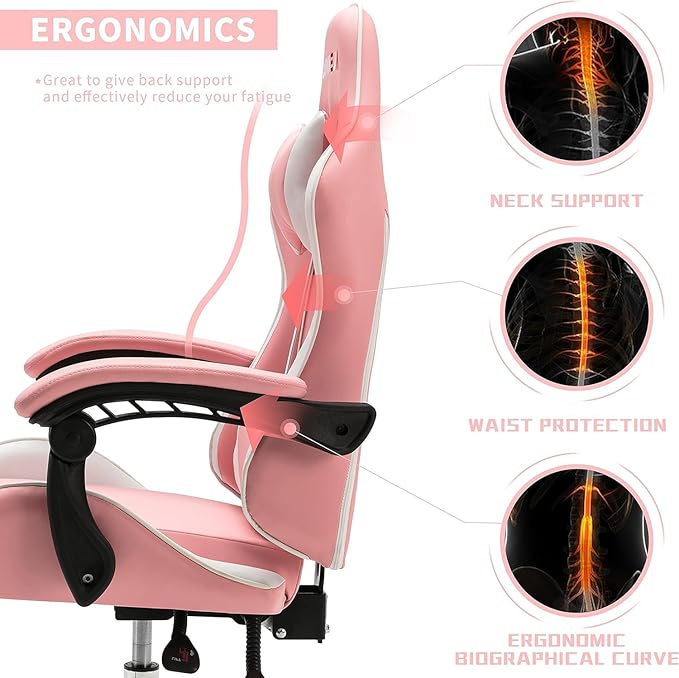 ALEAVIC Gaming Chair with Massager Fabric Gaming Chairs for Adults Ergonomic Gamer Chair with Adjustable Headrest and Lumbar Support Reclining Computer Game Chair High Back Pink White
