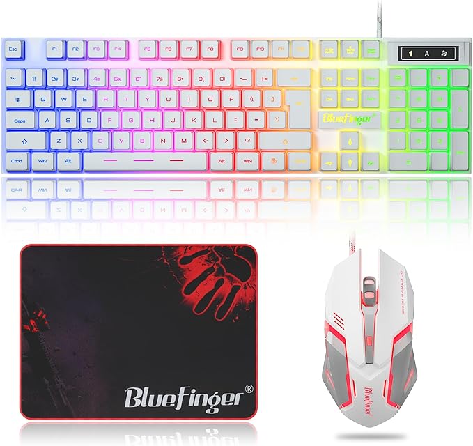 BlueFinger RGB Gaming Keyboard and Backlit Mouse Combo USB Wired LED Gaming Set for Laptop PC Computer Game and Work(White)