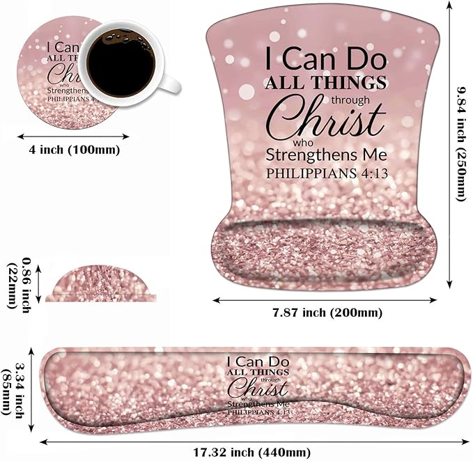 Keyboard Wrist Rest and Mouse Wrist Rest Pad Set with Coasters Ergonomic Support Non-Slip PU Base Easy Typing and Relieve Wrist Pain for Home Office Working Studying Bible Verse Philippians 4:13