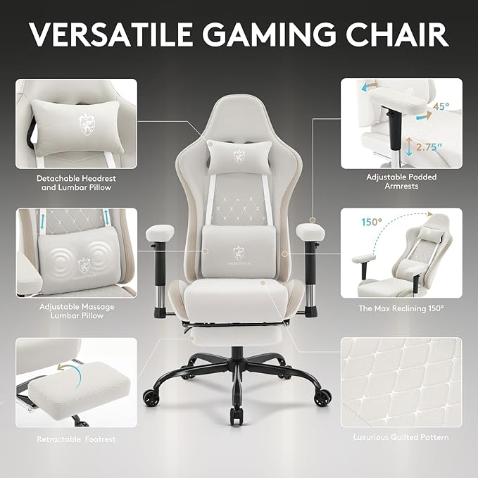 Gaming Chair Breathable FabricComputer Office Chair with FootrestMassage Lumbar Support and Gel PadErgonomic Reclining Gamer Chair with Adjustable Armrests and Spring Cushion Beige
