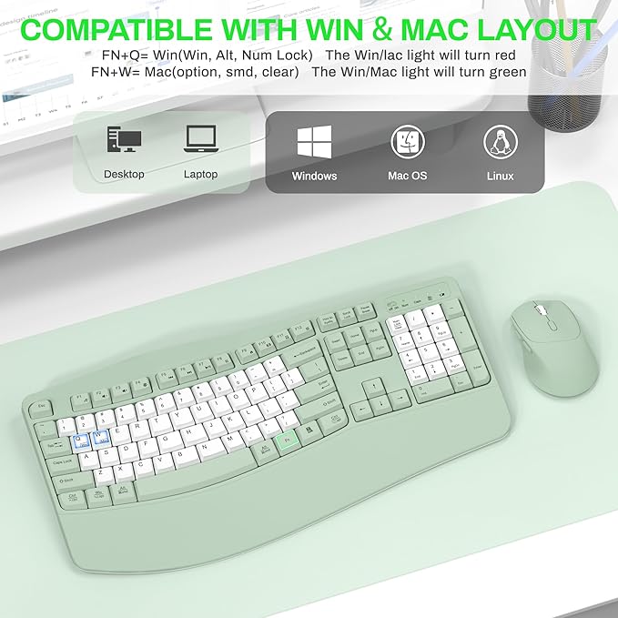 Wireless Keyboard and Mouse Combo2.4G Full Size Wave Keys Ergonomic Keyboard with Wrist Rest for Natural Typing 3 DPI Adjustable Ergonomic Mouse for Computer/Laptop/Windows/Mac (Avocado Green-B)