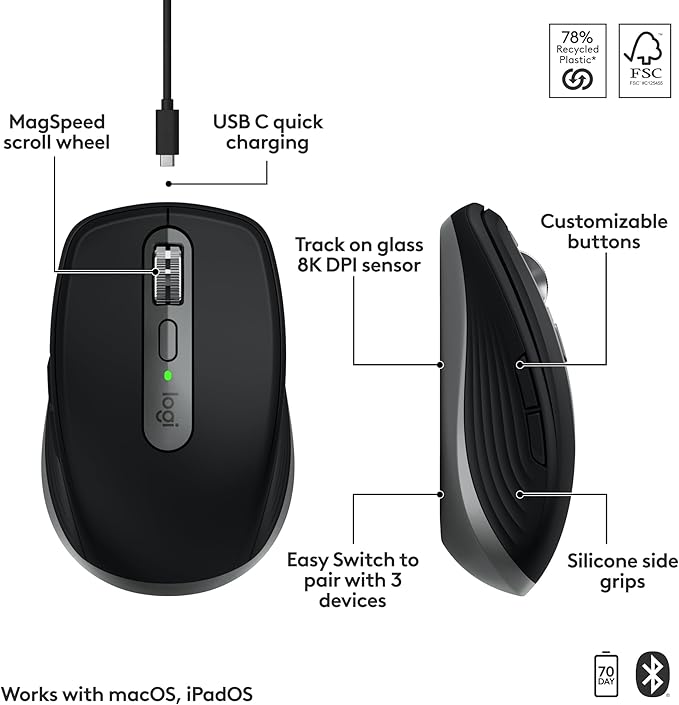 Logitech MX Anywhere 3S for Mac Compact Wireless Bluetooth Mouse 8K DPI Any-Surface Tracking Quiet Clicks USB C Wireless Mouse for MacBook Pro MacBook Air iMac iPad - Space Grey