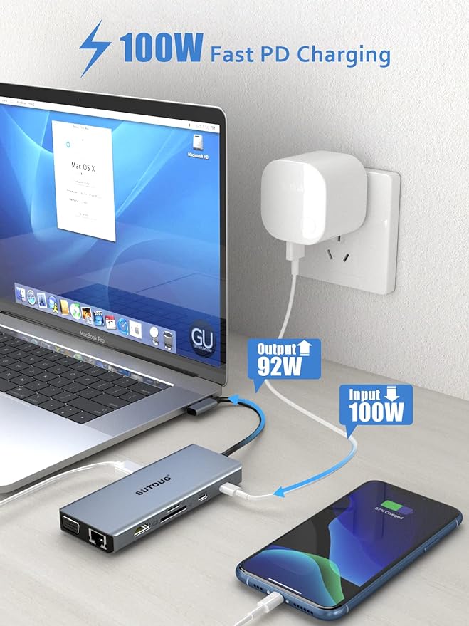USB C Hub SUTOUG 12 in 1 Docking Station with 4K HDMI &amp 1080P VGA 92W PD 1Gbps Ethernet USB-C 3.0 &amp 4 USB-A Data Ports SD TF Card Reader USB C Adapter for Surface Pro MacBook Pro Air &am