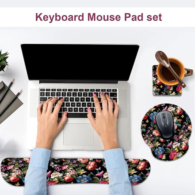 Keyboard Wrist Rest and Mouse Wrist Rest Pad with Cup CoasterMade of Memory FoamErgonomic SupportEasy-Typing and Pain Relieffor Gaming Office Home ComputerButterfly Flower
