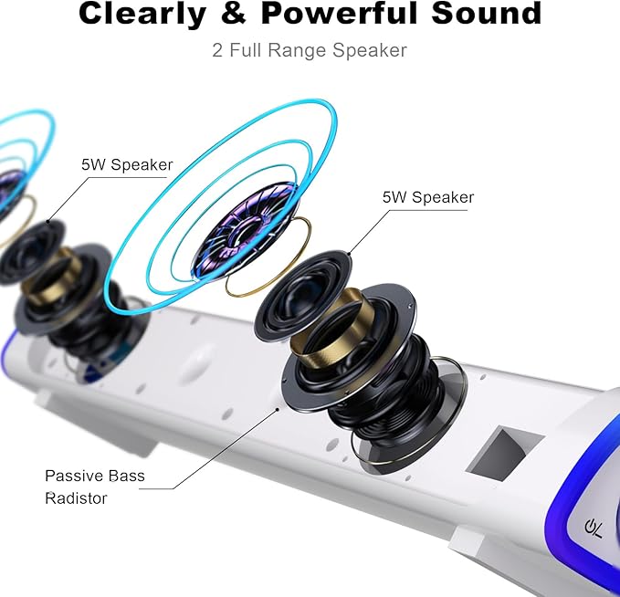 SOULION R30 Computer Speakers USB Powered 3.5mm AUX Small PC Speaker Colorful LED Lights with Switch Button Surround Sound Bar Speaker for Desktop Laptop White