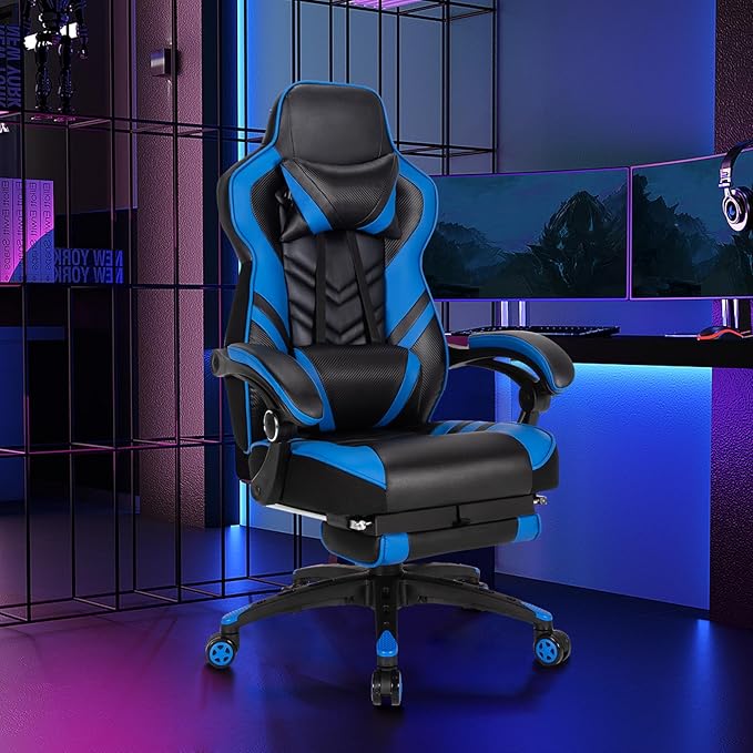 Goplus Gaming Chair Computer Chair with Footrest and Lumbar Support Height Adjustable Executive Swivel Rolling Task Chair with 90°-155° Tilt Function (Blue)