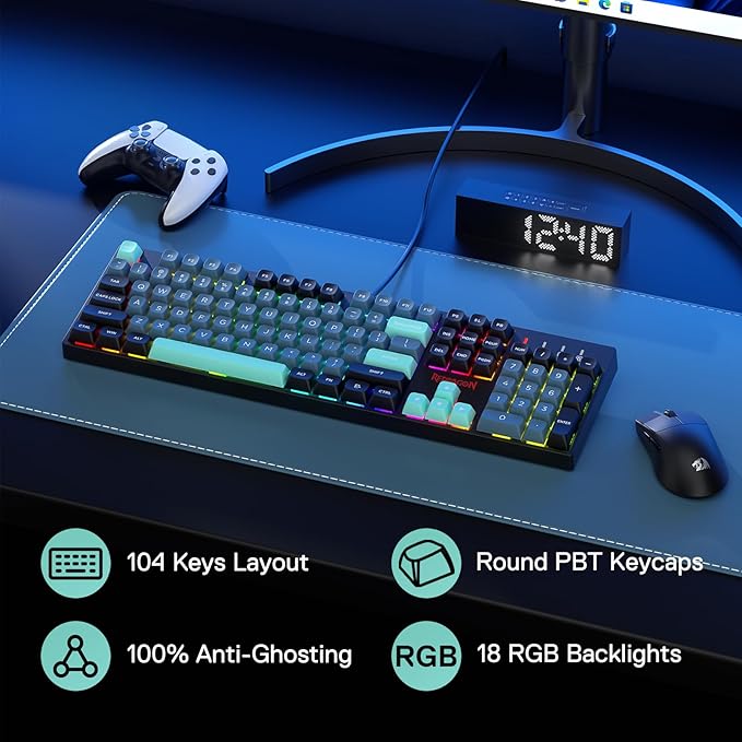 Redragon K582 SE Wired RGB Gaming Keyboard 104 Keys Mechanical Keyboard w/Mixed Color Round PBT Keycaps Dynamic 16.8M RGB Backlit &amp Linear Red Switch Redefine Software Supported