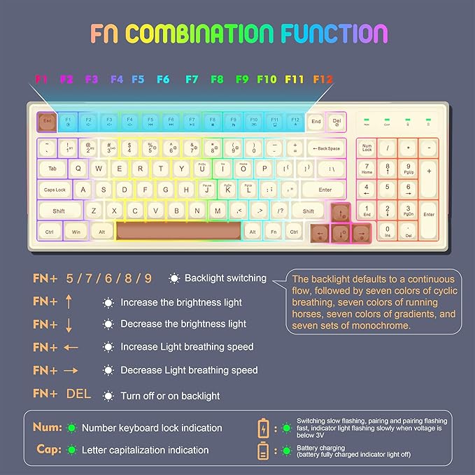 KOLMAX BK98 Wireless Gaming Keyboard Dual Mode 2.4G/Bluetooth Gaming KeyboardRGB Backlit Ergonomic 98 Keys PBT Mechanical Feeling Wireless Keyboard for Office Windows Mac PC Gamer(Retro Brown)