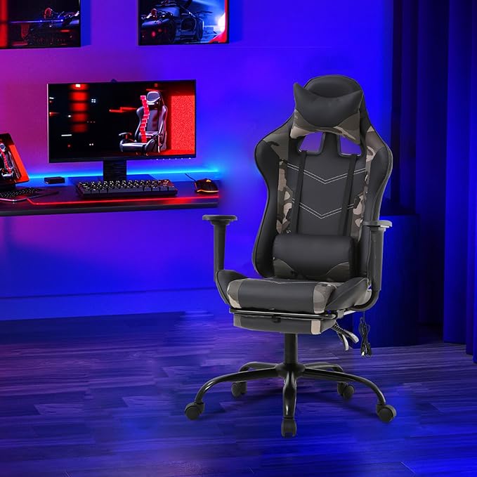 PayLessHere Racing Gaming Chair Office Massage Chair Ergonomic Recliner with Computer Desk PU Leather Lumbar Support Footrest Rolling Swivel and Task Function Ultimate Comfort for Adults (Camo)