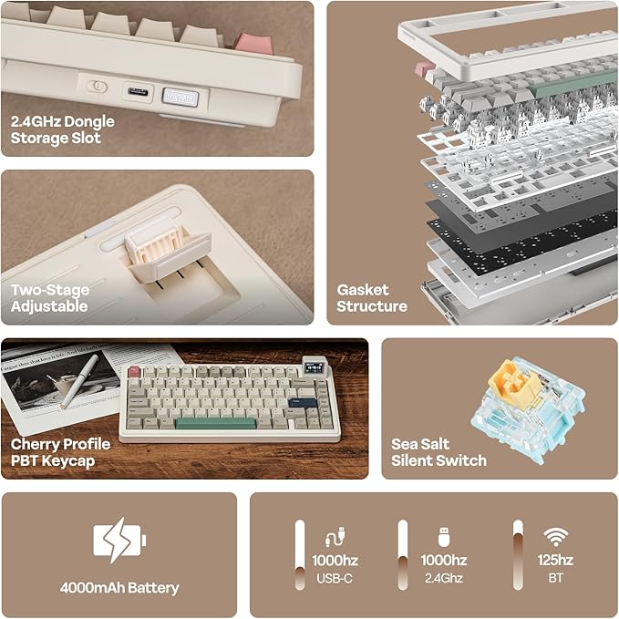 EPOMAKER RT82 Wireless Mechanical Keyboard with Screen VIA Custom 2.4GHz/USB-C/BT5.0 RGB Backlit Gasket 5-Paddings PBT Keycaps Hot-Swap Retro Gaming Keyboard (Sea Salt Silent)