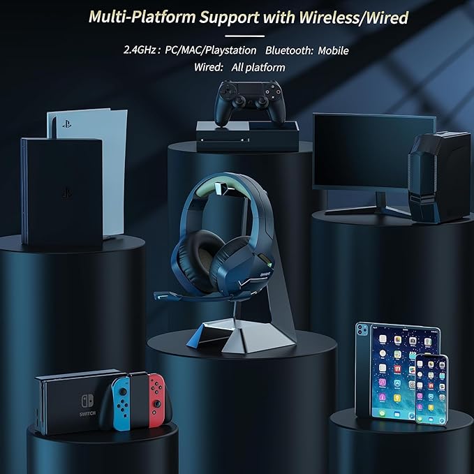 BINNUNE 2.4GHz Wireless Gaming Headset Bluetooth 5.3 Gaming Headphones with Noise Canceling Mic 120H Ultra-Long Battery 50mm Drivers Multi-Platform for PC / PS5 /PS4/ Switch/Mobile Gold