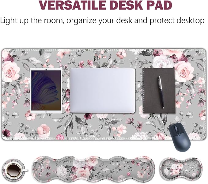 Upgraded Extended Gaming Mouse Pad Keyboard Wrist Rest Pad Wrist Support Mousepad Set Artso Large Stable Rubber Base Stitched Edges Multifunctional Desk Pad (35 x15.5 in) for Work Game Grey Rose