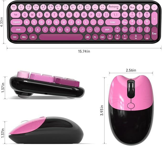 Wireless Keyboard and Mouse Combo MOWUX Compact Typewriter Retro Round Computer Keyboard Cute Optical Mouse Wireless Plug and Play for Laptop PC Computer- Black Pink Gradient