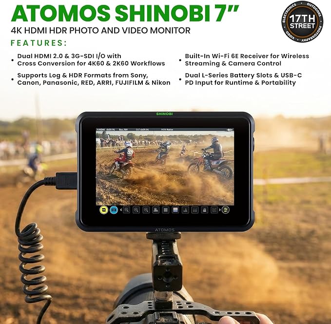 Atomos Shinobi 7-Inch 4K Photo and Video Portable Monitor | 1920 x 1200 Touchscreen Display Video Monitors with HDMI 2.0 in/Out | SmallRig Swivel &amp Tilt Cold Shoe Mount Battery &amp Charger Bund