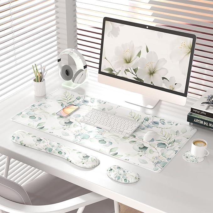 QiyI Leather Desk Mat Set 4-in-1 Large Mouse Pad with Wrist Rest Non-Slip Desk Pad + Keyboard Wrist Rest + Mouse Wrist Support + Coaster Office Desk Accessories Home Decor Supplies Eucalyptus