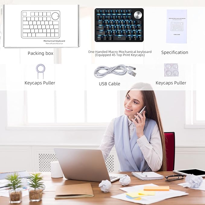 Koolertron One Handed Mechanical Gaming Keyboard with 24 Macro Keys 45-Key Fully Programmable Mini Keypad Mini USB Macro Keyboard with Rotating Knob Blue Backlit for Windows PC Gamers
