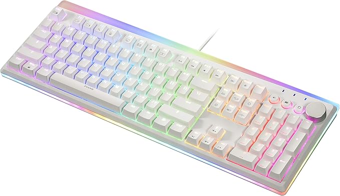 i-rocks K71M RGB Mechanical Gaming Keyboard with Media Control Knob Switches (Red) 107 Keys w/Full NKRO PBT Keycaps Multimedia Hotkeys Detachable USB-C Cable and Onboard Storage White