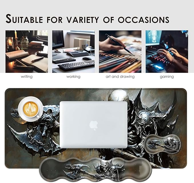 Large Keyboard Mouse Pad Set Extended Mouse Pad+Keyboard Wrist Rest Support Memory Foam Ergonomic Easy Typing 4Pcs (31.5×11.8 in) Desk Pad Set for Office HomeFunny Skeleton