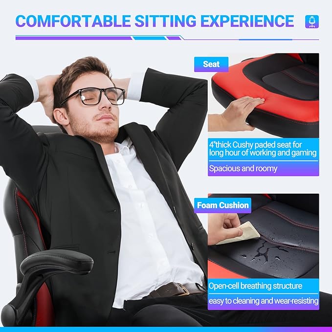 Yapamar Gaming ChairPU Leather Ergonomic Office Chair Swivel Computer Gaming Chair with Lumbar Support - Red