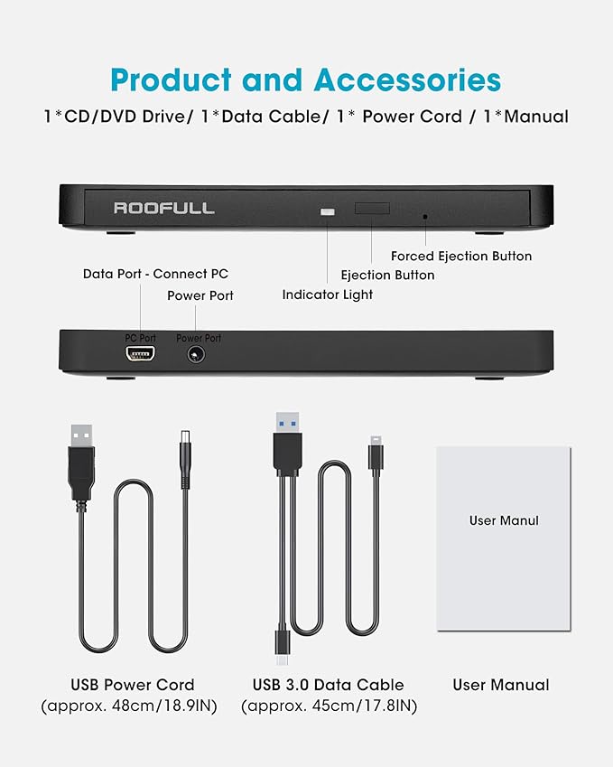 ROOFULL External CD/DVD Drive USB 3.0 &amp USB-C Ultra-Slim 0.5 High-Speed CD DVD Player Burner Reader Writer for Laptop Windows 11/10 Mac MacBook Linux OS