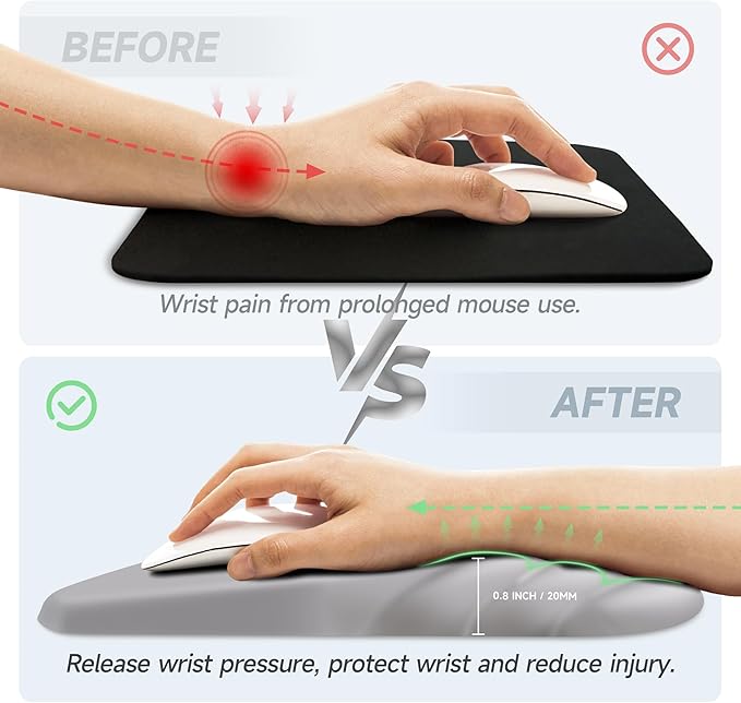 Ergonomic Mouse Pad with Wrist Rest SupportNon-Slip PU BaseMassage for Carpal Tunnel Pain ReliefMemory Foam Mousepad for HomeOfficeWork（Gray）