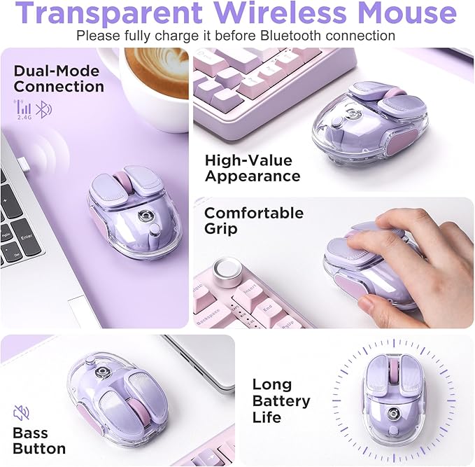 Q9 Chargeable Portable Silent 2.4GHz/Bluetooth Dual Mode Wireless Mouse 4 Adjustable DPI4800 DPI Optical Tracking Mouse with RGB Lighting Compatible Win/Mac/Android/iOS(Purple)