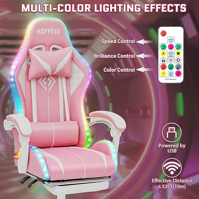 HOFFREE Pink Gaming Chair with Bluetooth Speakers and LED RGB Lights Cute Ergonomic Massage Computer Gaming Chair with Footrest High Back Video Game Chair with Lumbar Support Pink and White