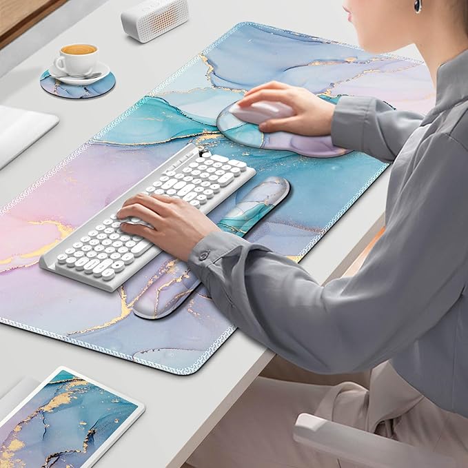 ToLuLu Desk Mat XXL Large Mouse Pad Wrist Support Set4 in1 Gaming Mousepad Desk Pad+ Ergonomic Mouse Pad with Wrist Rest + Keyboard Wrist Rest+Coaster for Home Office Computer Blue Glitter Marble